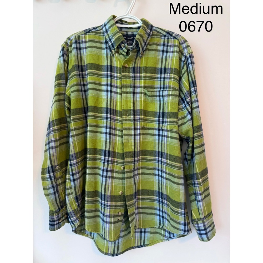 Ivy Crew Classics Mens Medium Lime Green Plaid Flannel Long Sleeve Button Down